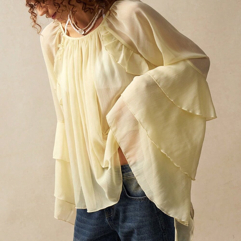 Yellow Casual Women's Loose Fit Long Sleeve Ruffled Hem Shirt - Picture 4 of 7